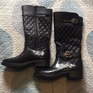 Black leather long rain boots. Mid-Calf. Size 7